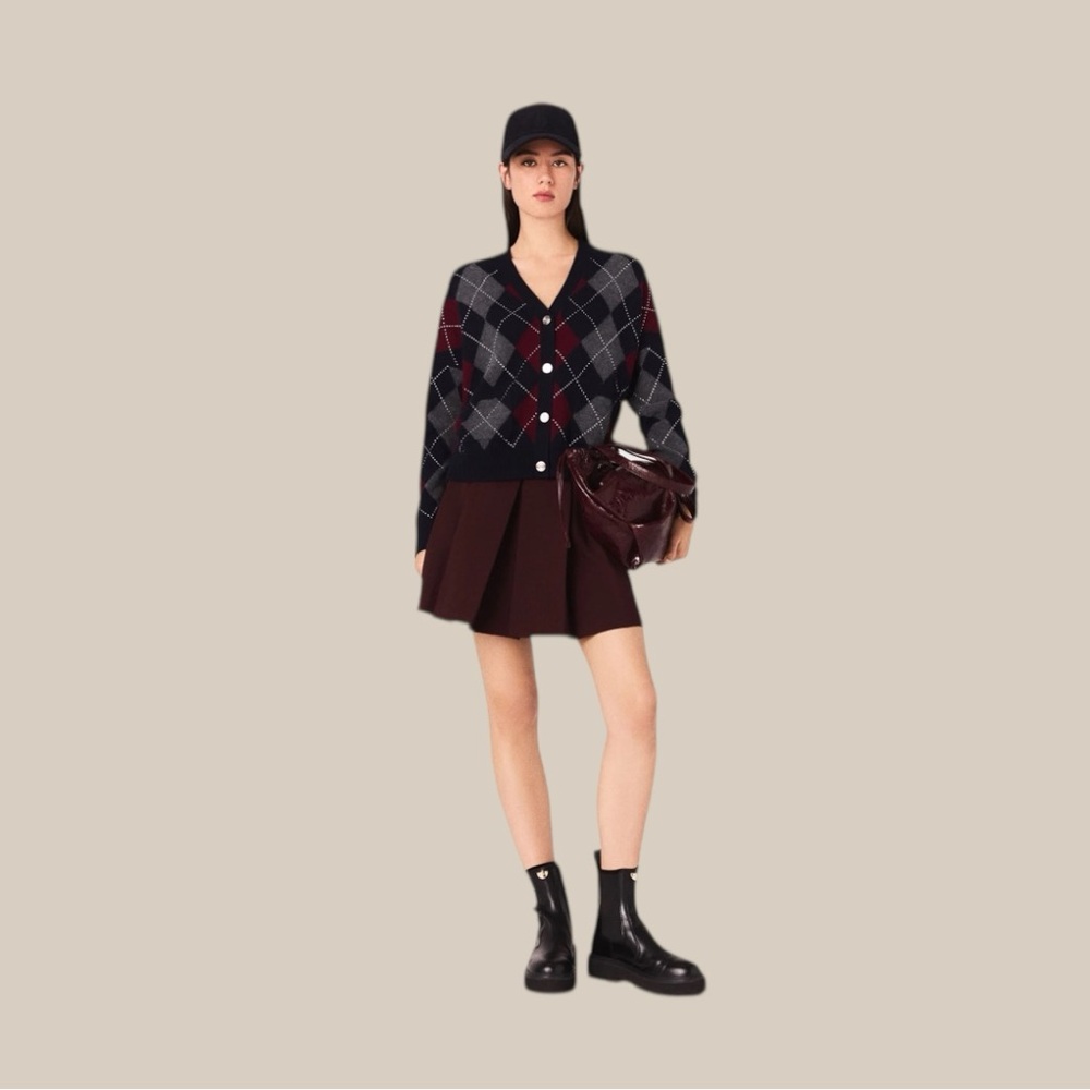 Maje Navy, Burgundy & Light Blue Argyle Wool Cardigan with Rhinestone Accents - Picture 2 of 4